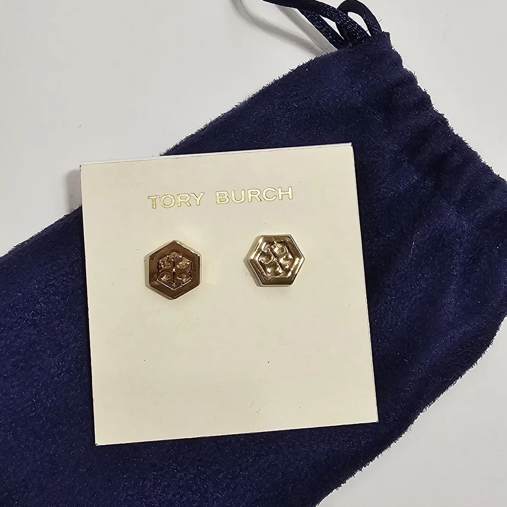 Tory Burch Gold Hexagon Logo Stud Earrings